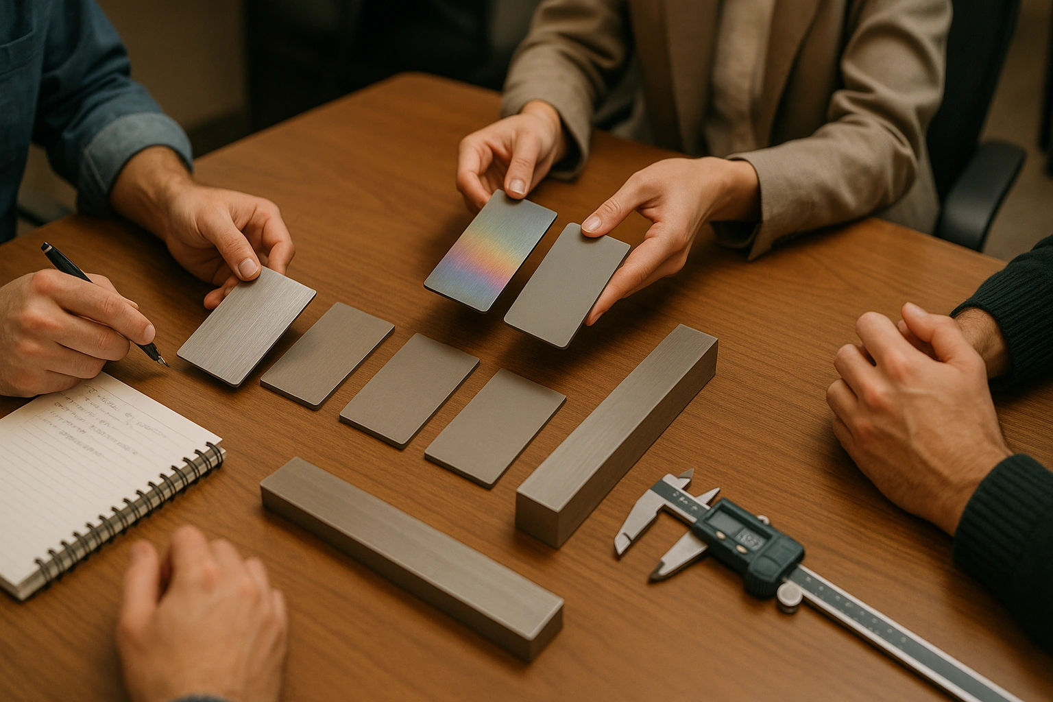 Cross-functional team reviewing titanium sample kit with sheet coupons, finishes, and bar stock.