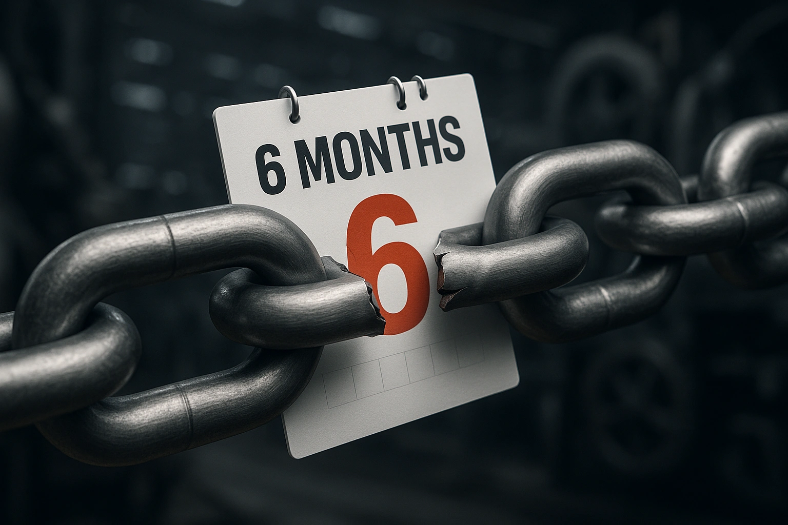 Banner image showing a cracked titanium chain link above a red-highlighted '6 Months' calendar symbolizing supplier failure risk