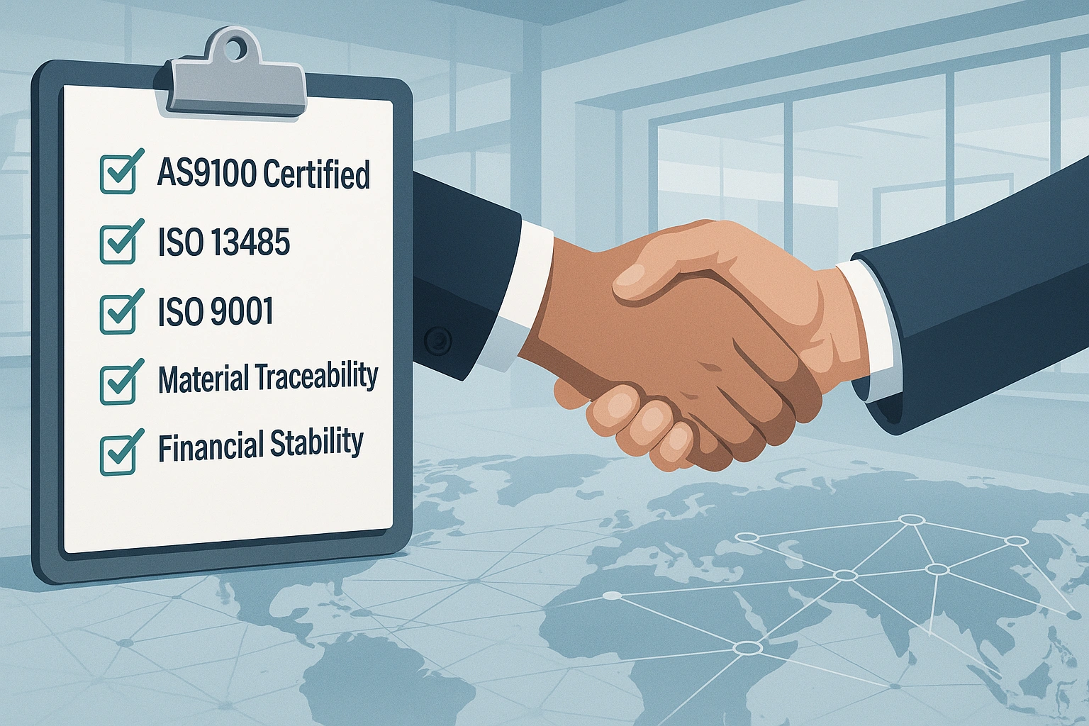 Illustration of supplier vetting checklist with certifications and handshake over supply chain blueprint