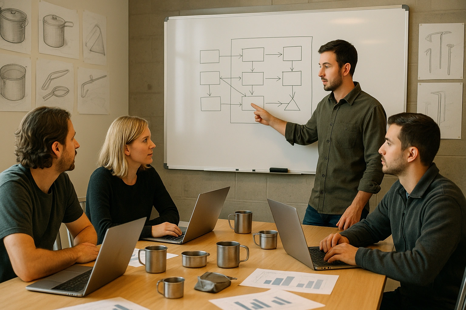 Cross-functional outdoor gear team reviewing a whiteboard decision framework for choosing titanium or stainless steel