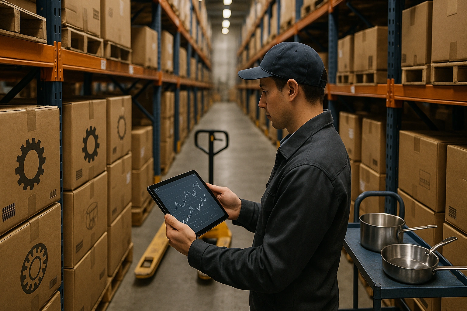 Warehouse shelves comparing titanium and stainless steel safety stock levels for outdoor cookware SKUs