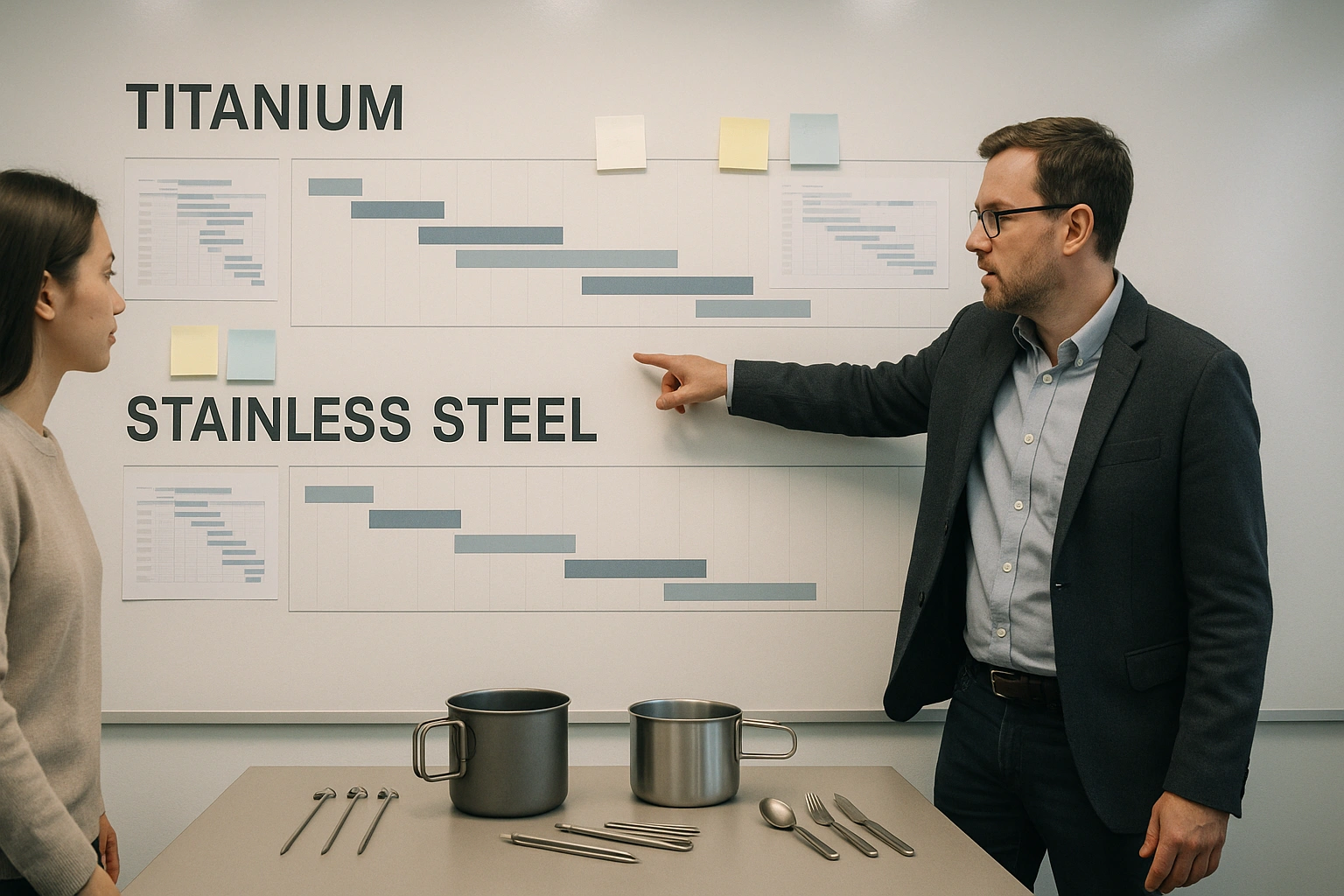 Comparison timeline chart showing longer titanium OEM lead time versus shorter stainless steel production cycle