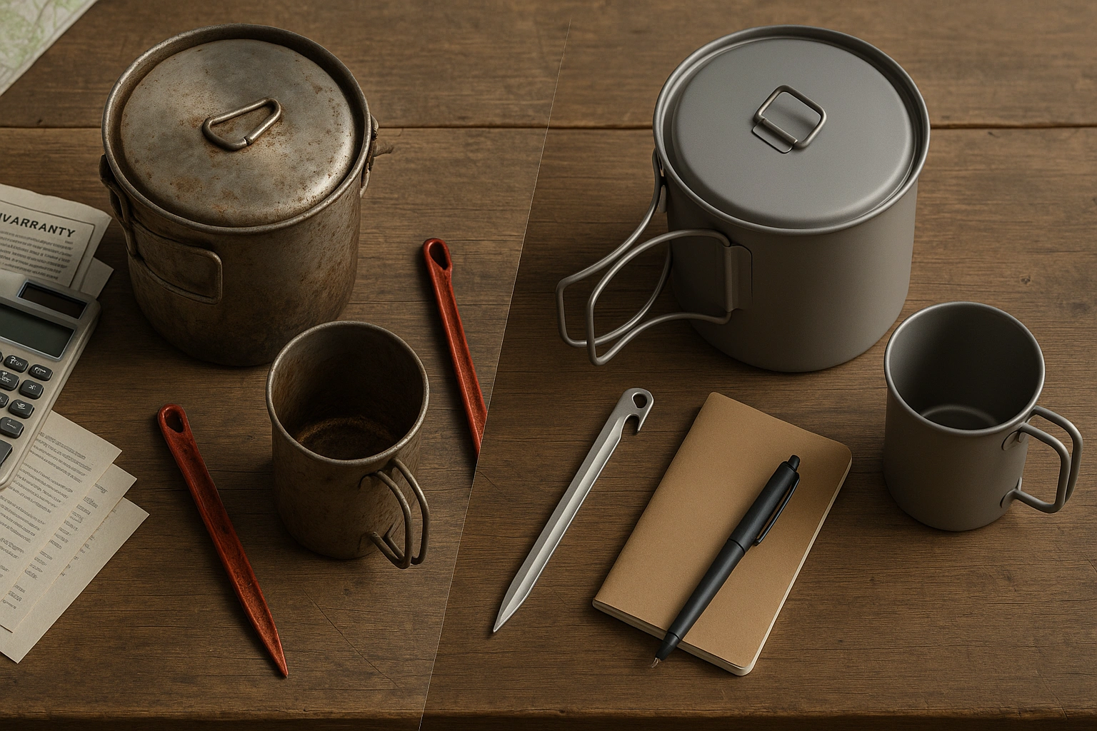 Lifecycle cost curve comparing titanium and stainless steel outdoor cookware over years of use