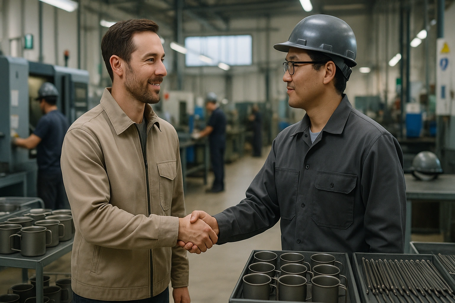 OEM factory engineering team and outdoor brand managers reviewing titanium and stainless steel OEM plans together