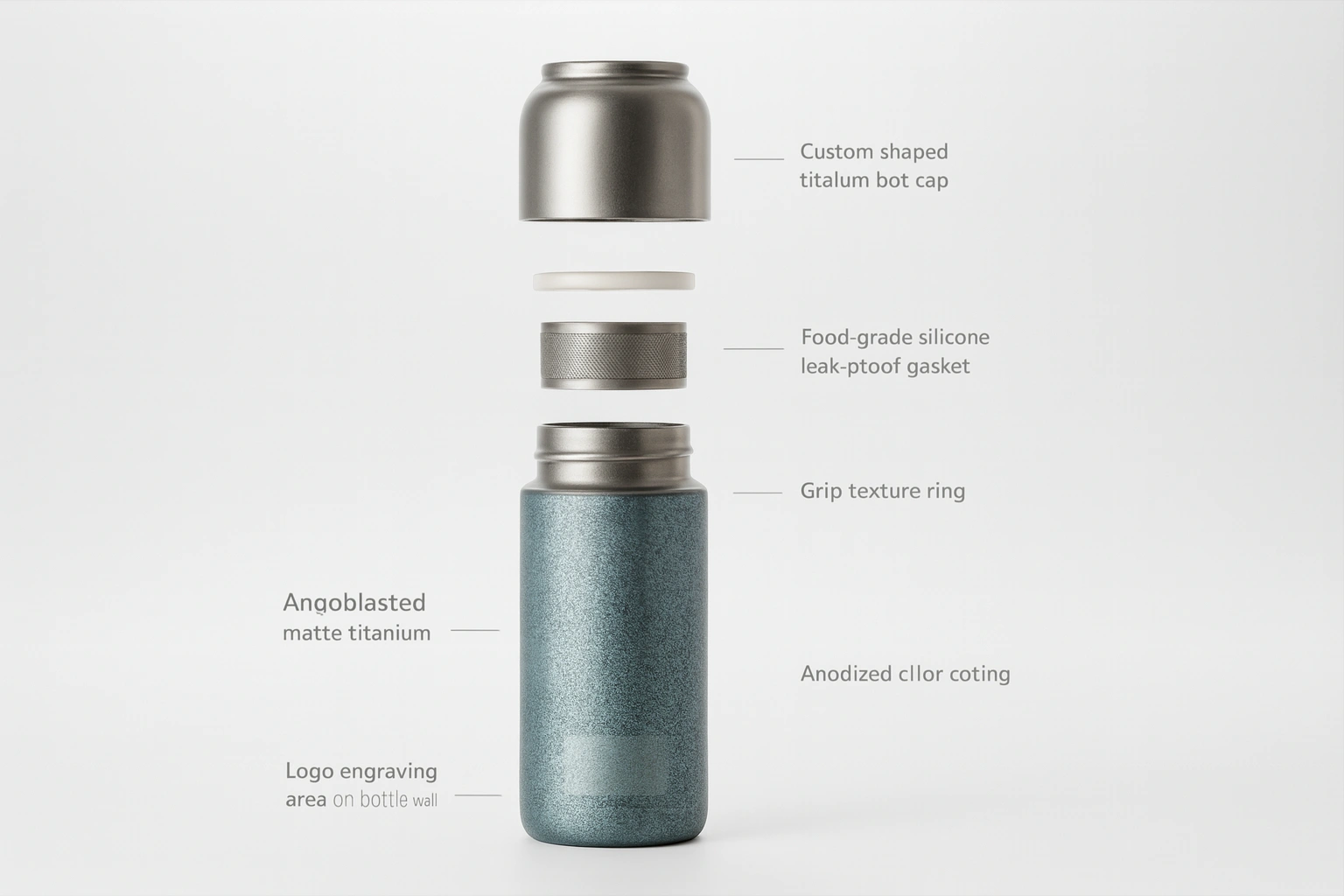 Exploded view of titanium bottle components for OEM customization