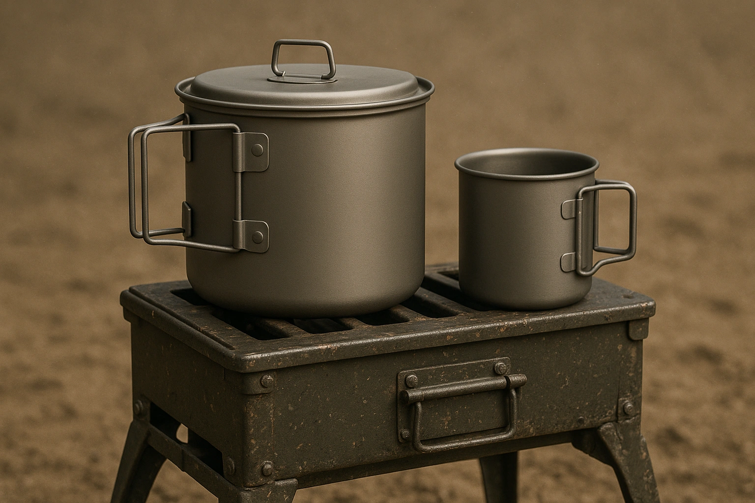 Set da cucina per spedizione in titanio progettato per cucine da campo militari e per ambienti estremi