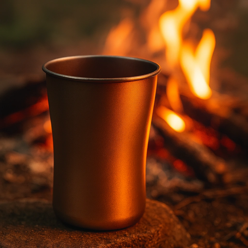 Titanium mug outdoor camping scene